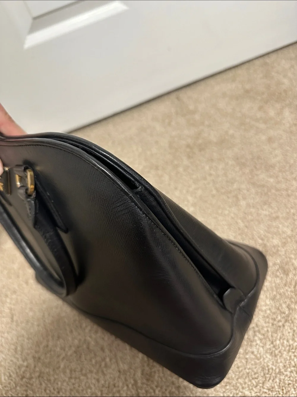 Prada Black Saffiano Leather Promenade Dome Satchel Handbag with Gold Hardware